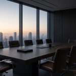 Empty boardroom at dawn, dark table and chairs set for a meeting, city skyline beyond the glass.