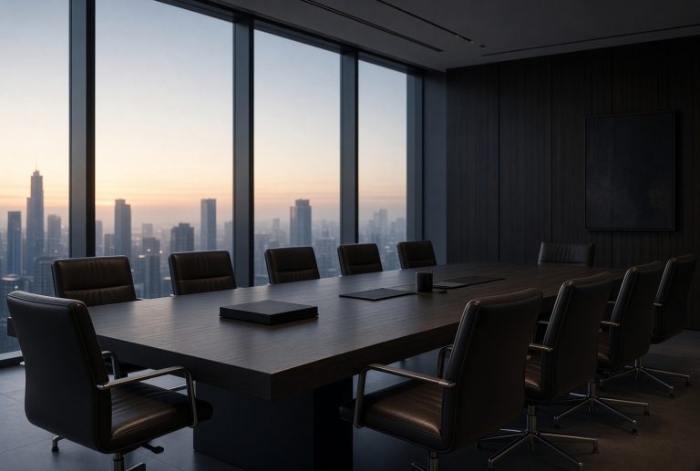Empty boardroom at dawn, dark table and chairs set for a meeting, city skyline beyond the glass.
